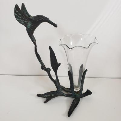 LOT 69MB: Vintage Brass Hummingbird Bud Vase & Marble Base Italian Vanity Mirror
