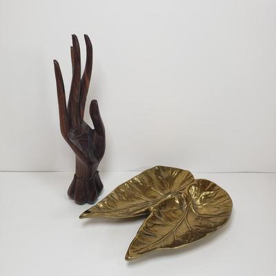 LOT 70MB: Brass Begonia Leaf Trinket Dish & Carved Wooden Hand Display/Decor