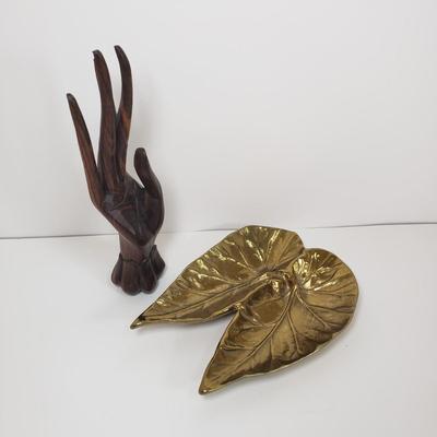 LOT 70MB: Brass Begonia Leaf Trinket Dish & Carved Wooden Hand Display/Decor