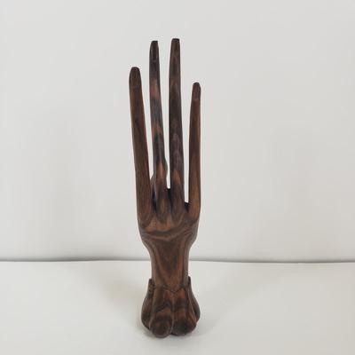 LOT 70MB: Brass Begonia Leaf Trinket Dish & Carved Wooden Hand Display/Decor