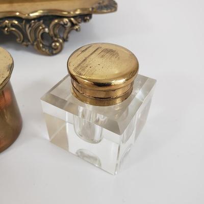 LOT 71MB: Vintage Ink Stand with Crystal Inkwells & Brass Style Metal Stand