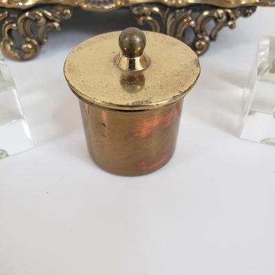 LOT 71MB: Vintage Ink Stand with Crystal Inkwells & Brass Style Metal Stand