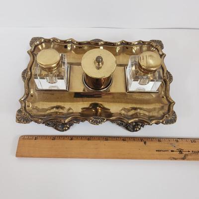 LOT 71MB: Vintage Ink Stand with Crystal Inkwells & Brass Style Metal Stand