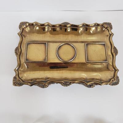 LOT 71MB: Vintage Ink Stand with Crystal Inkwells & Brass Style Metal Stand