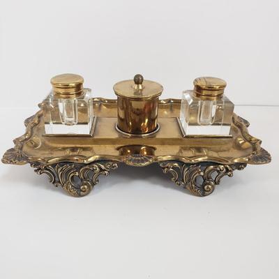 LOT 71MB: Vintage Ink Stand with Crystal Inkwells & Brass Style Metal Stand