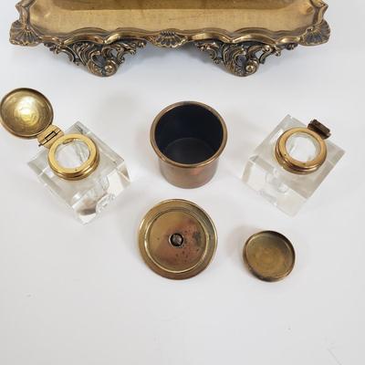 LOT 71MB: Vintage Ink Stand with Crystal Inkwells & Brass Style Metal Stand