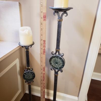 LOT 75MB: Vintage Frosted Glass Flame Lamp Shade on Brass Base & Pair of Wrought Iron Candle Holders with Glass Inserts