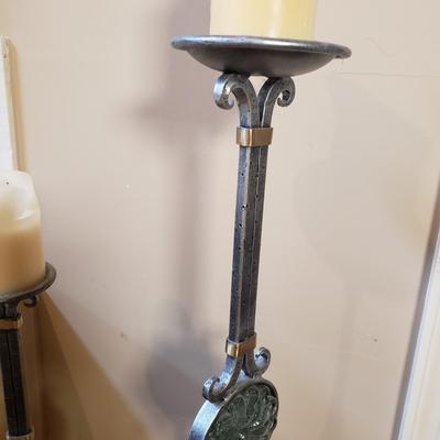 LOT 75MB: Vintage Frosted Glass Flame Lamp Shade on Brass Base & Pair of Wrought Iron Candle Holders with Glass Inserts