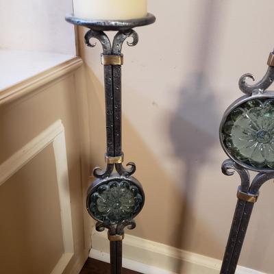 LOT 75MB: Vintage Frosted Glass Flame Lamp Shade on Brass Base & Pair of Wrought Iron Candle Holders with Glass Inserts