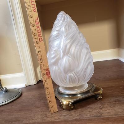 LOT 75MB: Vintage Frosted Glass Flame Lamp Shade on Brass Base & Pair of Wrought Iron Candle Holders with Glass Inserts