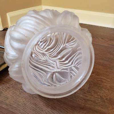 LOT 75MB: Vintage Frosted Glass Flame Lamp Shade on Brass Base & Pair of Wrought Iron Candle Holders with Glass Inserts