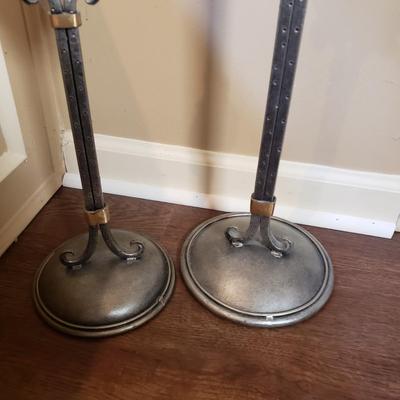 LOT 75MB: Vintage Frosted Glass Flame Lamp Shade on Brass Base & Pair of Wrought Iron Candle Holders with Glass Inserts