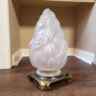 LOT 75MB: Vintage Frosted Glass Flame Lamp Shade on Brass Base & Pair of Wrought Iron Candle Holders with Glass Inserts