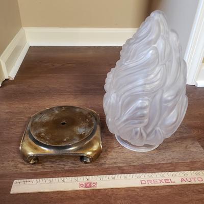 LOT 75MB: Vintage Frosted Glass Flame Lamp Shade on Brass Base & Pair of Wrought Iron Candle Holders with Glass Inserts