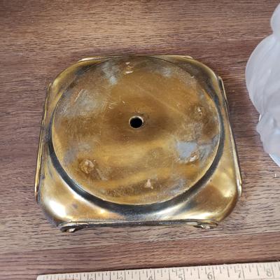 LOT 75MB: Vintage Frosted Glass Flame Lamp Shade on Brass Base & Pair of Wrought Iron Candle Holders with Glass Inserts