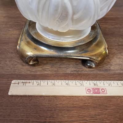 LOT 75MB: Vintage Frosted Glass Flame Lamp Shade on Brass Base & Pair of Wrought Iron Candle Holders with Glass Inserts