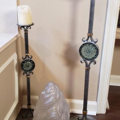 LOT 75MB: Vintage Frosted Glass Flame Lamp Shade on Brass Base & Pair of Wrought Iron Candle Holders with Glass Inserts