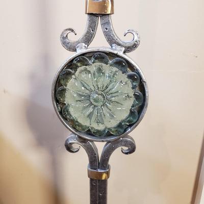 LOT 75MB: Vintage Frosted Glass Flame Lamp Shade on Brass Base & Pair of Wrought Iron Candle Holders with Glass Inserts