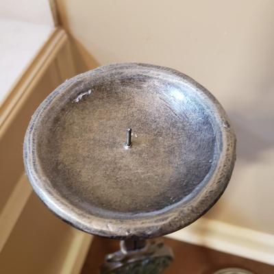 LOT 75MB: Vintage Frosted Glass Flame Lamp Shade on Brass Base & Pair of Wrought Iron Candle Holders with Glass Inserts