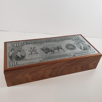 LOT 78MB: Engraved Metal Bison Note Wooden Box