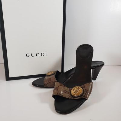 LOT 121M: Gucci Monogram Slides with Dust Bags & Box