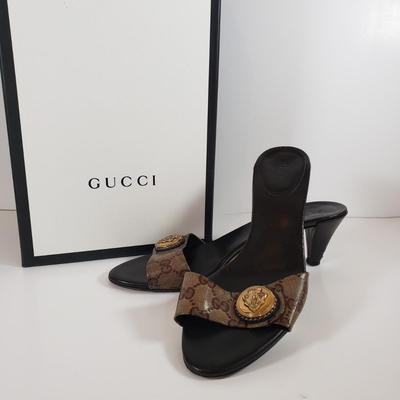 LOT 121M: Gucci Monogram Slides with Dust Bags & Box