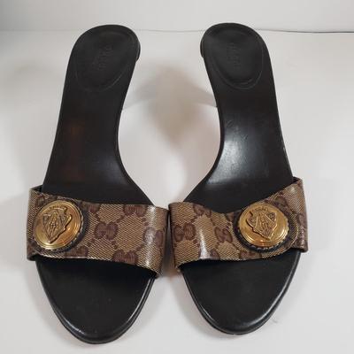 LOT 121M: Gucci Monogram Slides with Dust Bags & Box