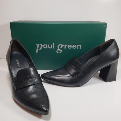 LOT 125M: Paul Green Black Leather Chunky High Heel Loafers
