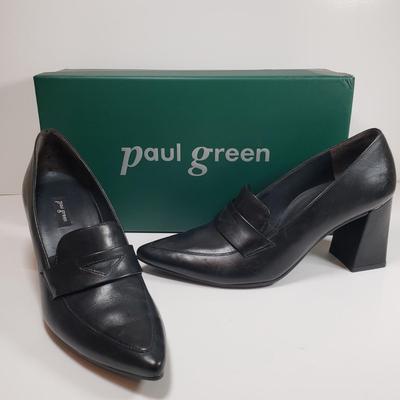 LOT 125M: Paul Green Black Leather Chunky High Heel Loafers