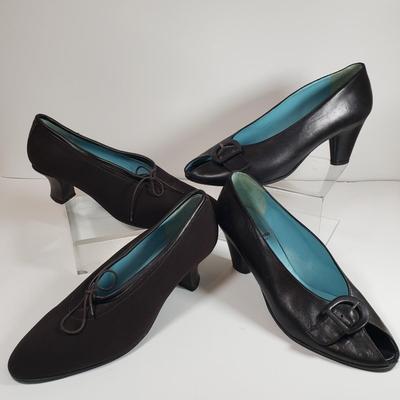 LOT 128M: Thierry Rabotin Stretch Heels & Peep Toe Leather Heels