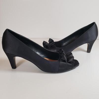 LOT 130M: Vintage Vaneli Black Satin Heels & Stuart Weitzman Rhinestone Black Satin Heels