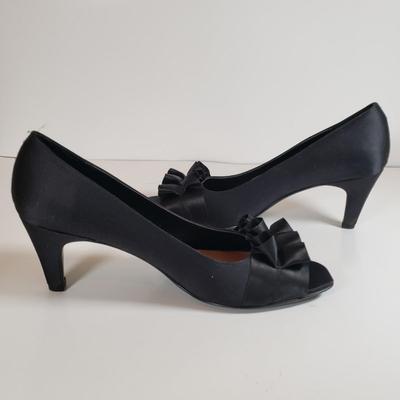 LOT 130M: Vintage Vaneli Black Satin Heels & Stuart Weitzman Rhinestone Black Satin Heels