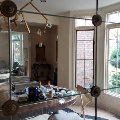 LOT 131D: John Richard Designer Mirror with Eglomise Panels and Brass Colored Accents