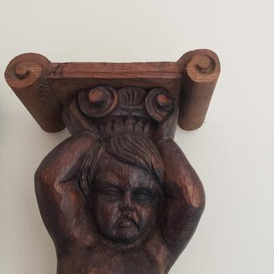 LOT 132D: Pair of Vintage Hand Carved Wooden Cherub Pillars/Statues