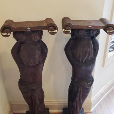 LOT 132D: Pair of Vintage Hand Carved Wooden Cherub Pillars/Statues