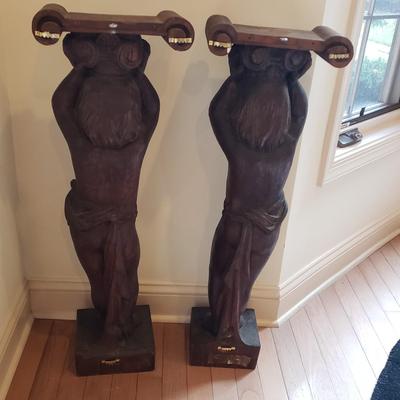LOT 132D: Pair of Vintage Hand Carved Wooden Cherub Pillars/Statues