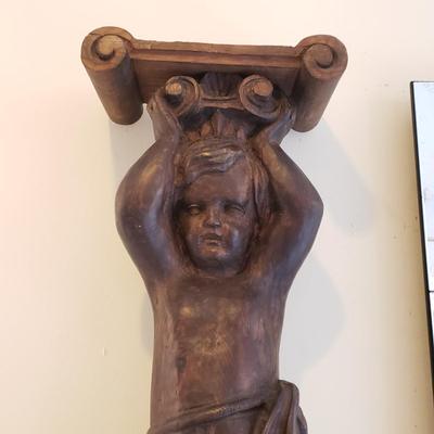 LOT 132D: Pair of Vintage Hand Carved Wooden Cherub Pillars/Statues