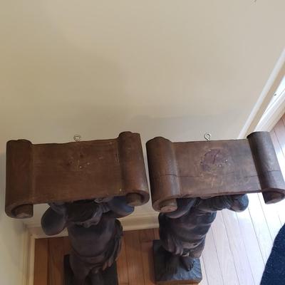 LOT 132D: Pair of Vintage Hand Carved Wooden Cherub Pillars/Statues