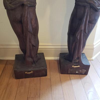LOT 132D: Pair of Vintage Hand Carved Wooden Cherub Pillars/Statues