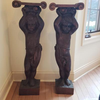 LOT 132D: Pair of Vintage Hand Carved Wooden Cherub Pillars/Statues