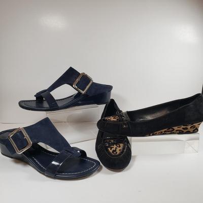 LOT 139M: Vintage Prevata Low Wedge Leopard Print Shoes & Donald Pliner Navy Wedge Sandals