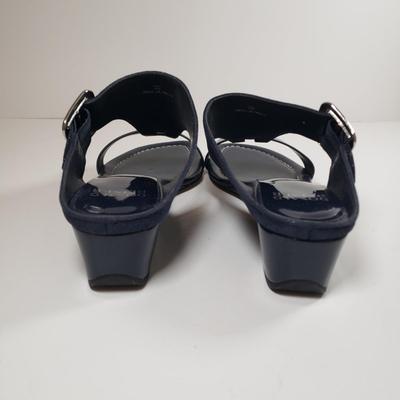 LOT 139M: Vintage Prevata Low Wedge Leopard Print Shoes & Donald Pliner Navy Wedge Sandals