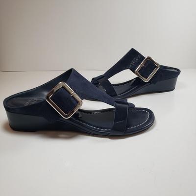 LOT 139M: Vintage Prevata Low Wedge Leopard Print Shoes & Donald Pliner Navy Wedge Sandals