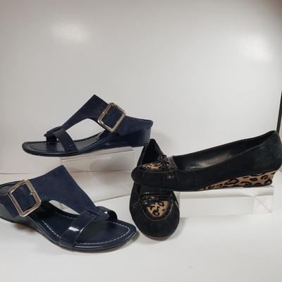 LOT 139M: Vintage Prevata Low Wedge Leopard Print Shoes & Donald Pliner Navy Wedge Sandals