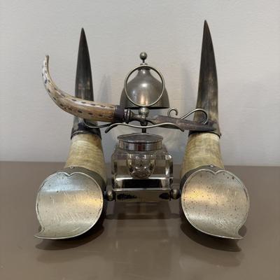 LOT 146F: Antique Horn Office Stand w/ Inkwell, Letter Opener & Brass Bell