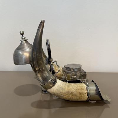 LOT 146F: Antique Horn Office Stand w/ Inkwell, Letter Opener & Brass Bell