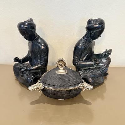 LOT 149F: Austin Productions Inc Mathematician & Scribe Statues w/ Lidded Dish