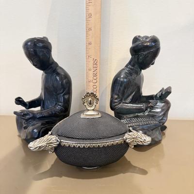 LOT 149F: Austin Productions Inc Mathematician & Scribe Statues w/ Lidded Dish