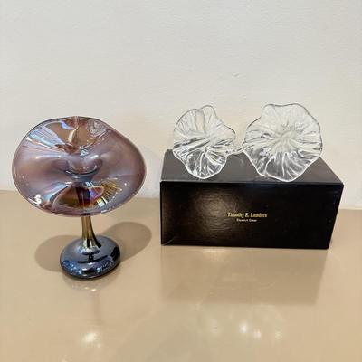 LOT 163F: Signed Art Glass Jack in the Pulpit Sculpture & Pair of Glass Flowers by Timothy E Landers