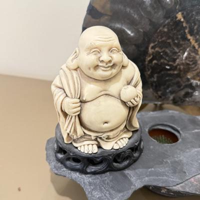 LOT 164F: Nautilus Type Cross Section Slate, Slate Top Flower Frog, Laughing Budda Figure & Stone Carved Mini Teapot